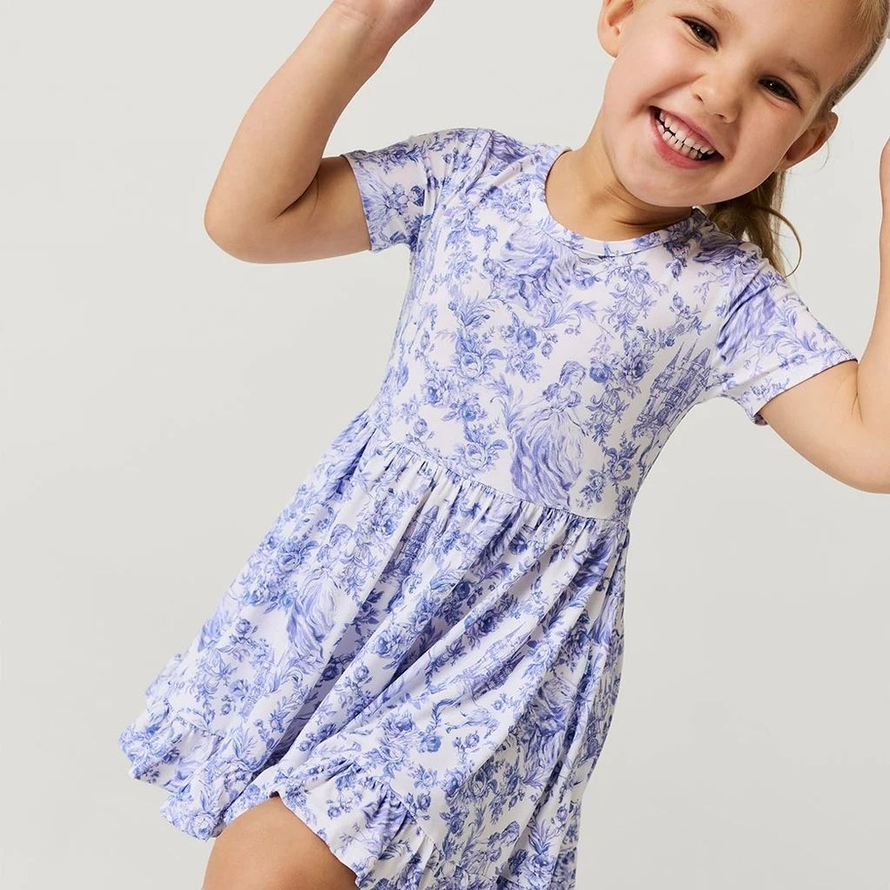 Posh Peanut Briar Short Sleeve Ruffle Twirl Dress Blue Toile 7-8Y